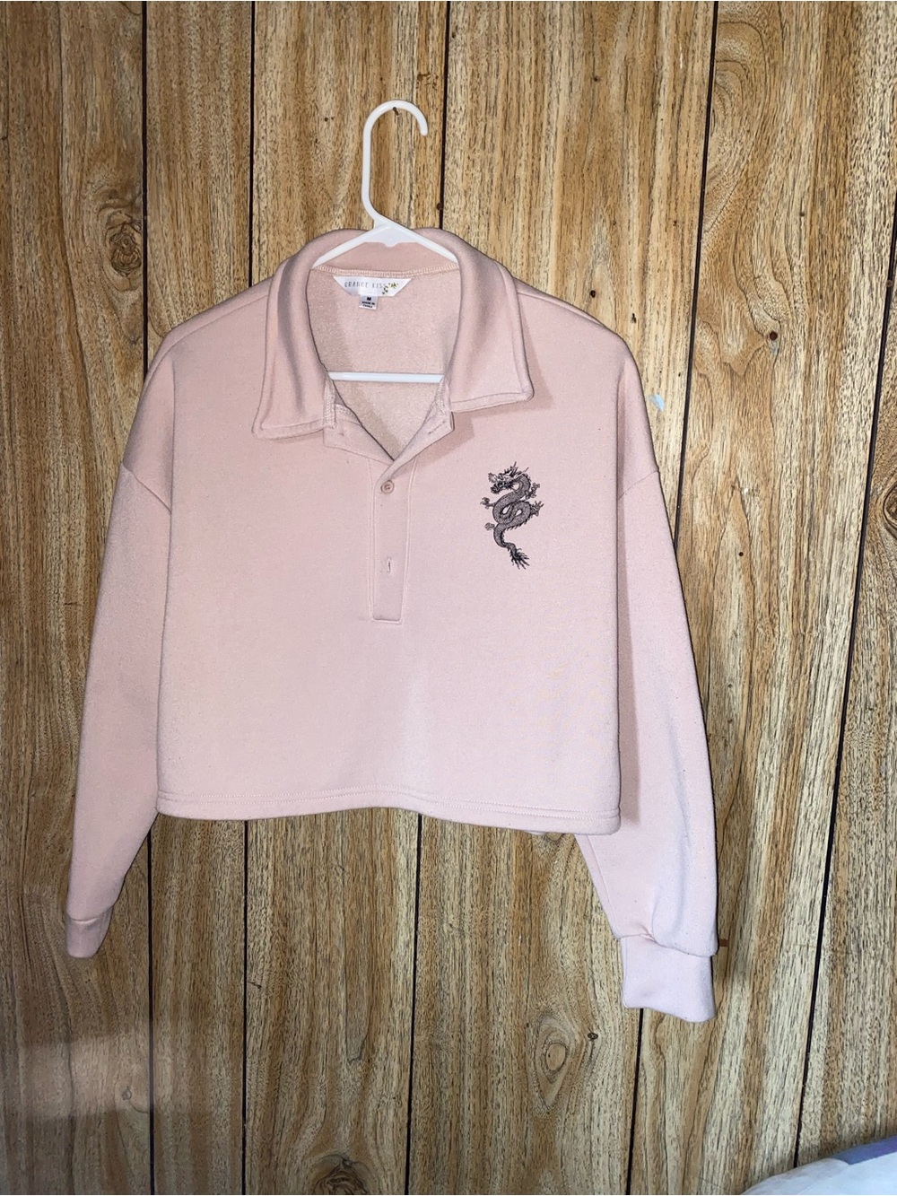 Women’s Cropped Pink Polo Fleece Top with Dragon Embroidery sweatshirt